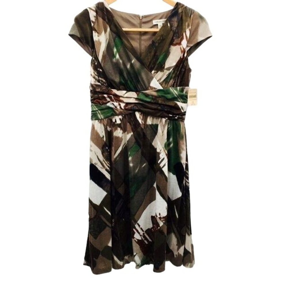 Coldwater Creek Dress Womens 10 NEW Printed Ruched Cap Sleeve Lined Fall